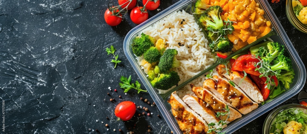 Poster healthy green meal prep containers with chicken fillet rice brussels sprouts and vegetables overhead