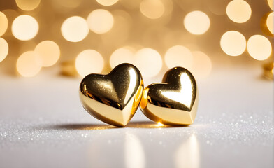 Two small gold heart on a sparkling white background, Valentine's Day, Christmas. Generative AI
