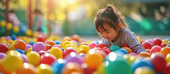 Fototapeta na wymiar Little girl on the playground with colored plastic balls. Copy space image. Place for adding text or design