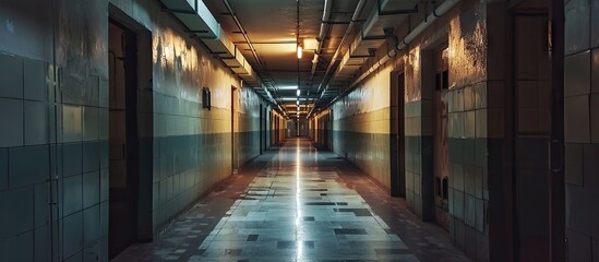 Large corridors of old Soviet military bunker echo of cold war. Copy space image. Place for adding...