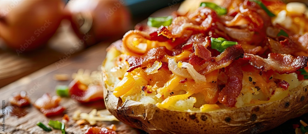 Poster Hot baked potato topped with bacon green onions and cheddar cheese. Copy space image. Place for adding text or design
