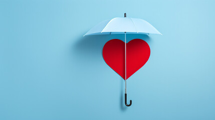 a heartbeat symbol and a small umbrella against a calming blue backdrop, symbolizing the protection of health insurance. Generative AI. - obrazy, fototapety, plakaty