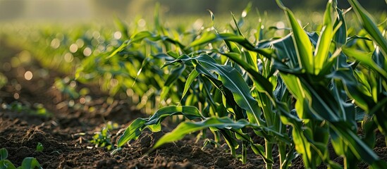 herbicide resistant weeds against the skyline above a field of tasseled corn. Copy space image. Place for adding text or design