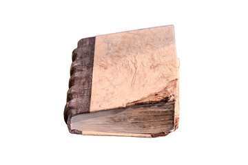 Table with old writing utensils in the 18-19 century, isolated on a white background. Notepad, paper and feather for writing ink, close-up.