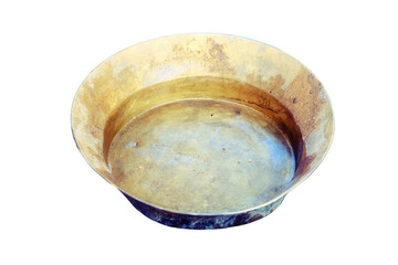 Washing of gold in tray by American settlers in the wild West, isolated on a white background. Historical reconstruction of gold mining by hand in the old days