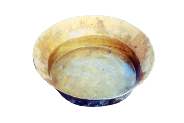 Washing of gold in tray by American settlers in the wild West, isolated on a white background. Historical reconstruction of gold mining by hand in the old days