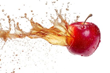 shiny delicious red apple with apple juice splash on a white background