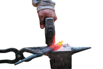 Twisting a red-hot billet is clamped in the grip, isolated on a white background. Blacksmith twists a hot rod on the anvil.