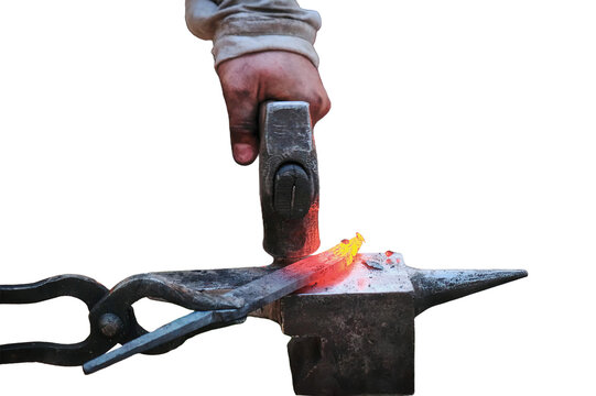 Twisting a red-hot billet is clamped in the grip, isolated on a white background. Blacksmith twists a hot rod on the anvil.