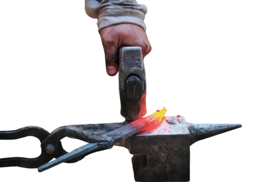 Twisting a red-hot billet is clamped in the grip, isolated on a white background. Blacksmith twists a hot rod on the anvil.