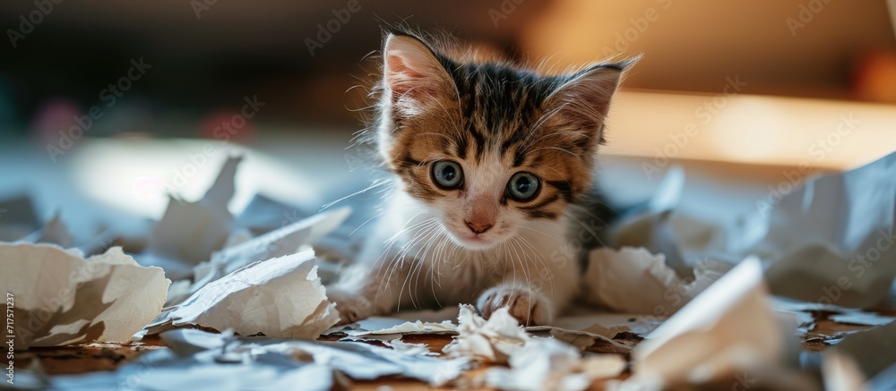 Poster Funny cat made a mess tore the paper Curious cat kitten mixed breed cat playing with paper Paper recycling. Copy space image. Place for adding text or design