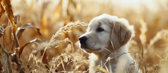 Happy and Pretty Golden Retriever Dog Puppy outside in the corn. Copy space image. Place for adding text or design