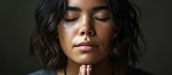 One young hispanic black woman in joining hands in prayer Meditative Brazilian adult girl praying in contemplation with eyes closed. Copy space image. Place for adding text or design