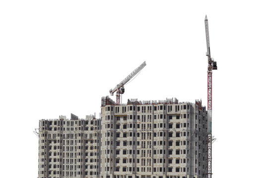 Under construction building against the sky and tower cranes, isolated on a white background. Unfinished construction house