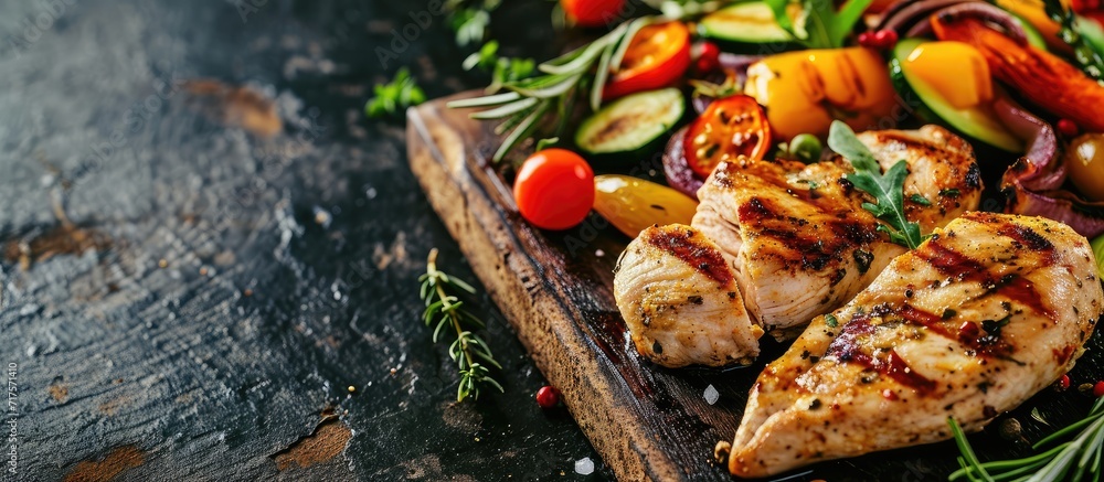 Poster Grilled chicken breast with fresh vegetables Selective focus. Copy space image. Place for adding text or design