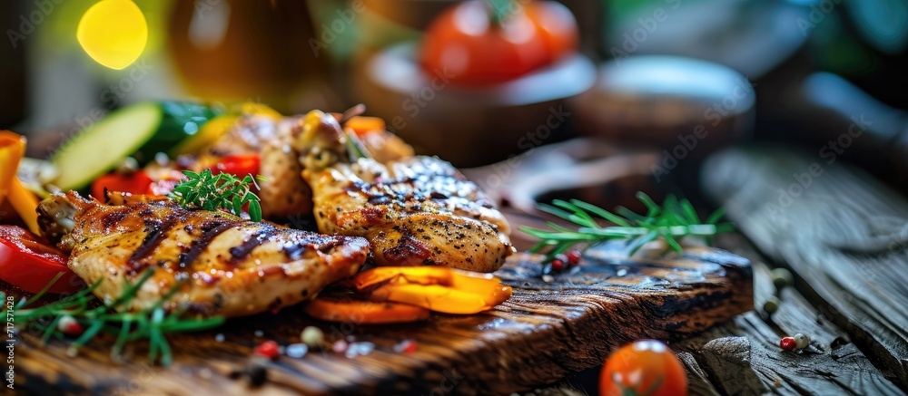 Aufkleber Grilled chicken breast with fresh vegetables Selective focus. Copy space image. Place for adding text or design