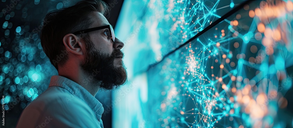Poster Middle Aged Bearded Senior Project Manager Stands Next to Big Screen with Neural Network Professional Computer Data Science Engineer Work in a System Control and Monitoring Telecommunications O