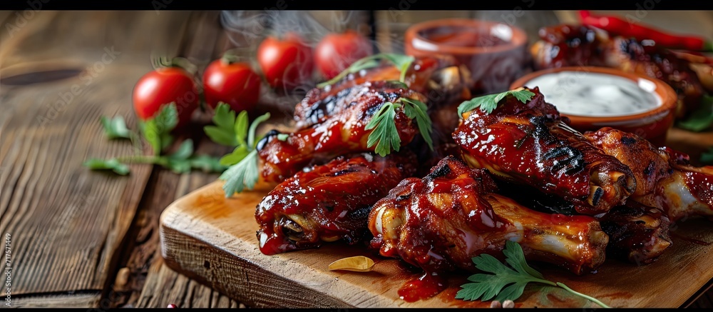 Aufkleber hot and spicy bbq chicken wings with dip and hot sauce on wooden plate with steam smoke and vegetabl