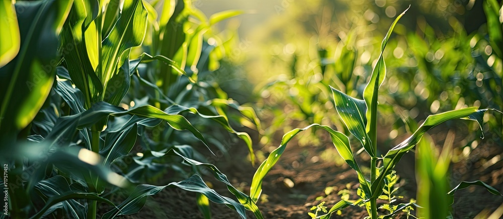 Poster leaves of corn in sun ripening of the corn field green leaves of plants in field. copy space image. 