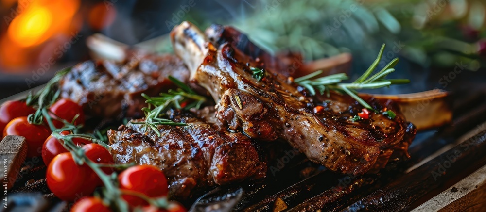 Poster lamb chop being grilled under flames at outdoor. copy space image. place for adding text or design
