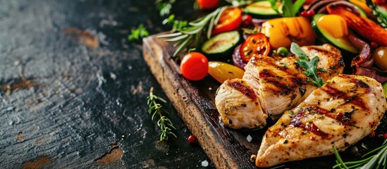 Grilled chicken breast with fresh vegetables Selective focus. Copy space image. Place for adding text or design - obrazy, fototapety, plakaty