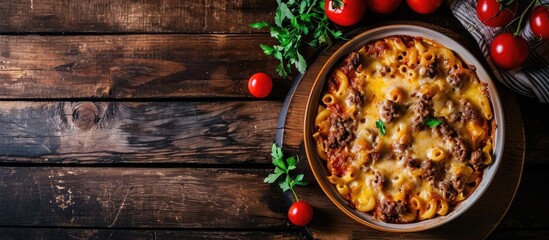Greek Pastitsio of macaroni ground lamb grated cheese and tomatoes topped with bechamel sauce and melted cheese in baking dish on dark wood table horizontal view from above flat lay free space
