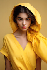 Fototapeta premium Portrait eines weiblichen Models in einem gelben Kleid und einem gelben Tuch 