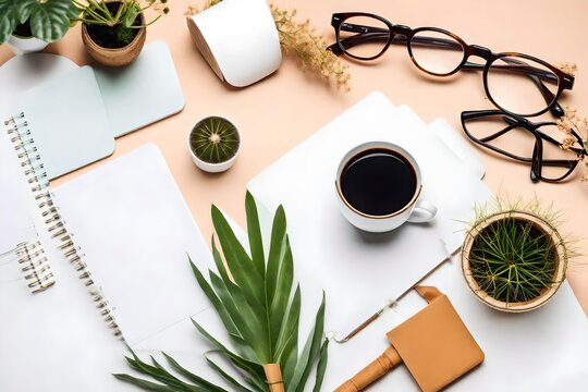 Design a freelancing and blogging-themed flat lay composition in a warm home office, featuring a cute cat, open white notebook, coffee cup, plant, and eyeglasses on the desk. 