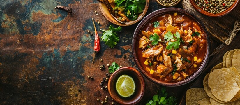 Pancita Also known as Menudo or Mondongo it is a typical dish from Mexico and other countries it is prepared with beef tripe and dried chilies accompanied by corn tortillas. Copy space image