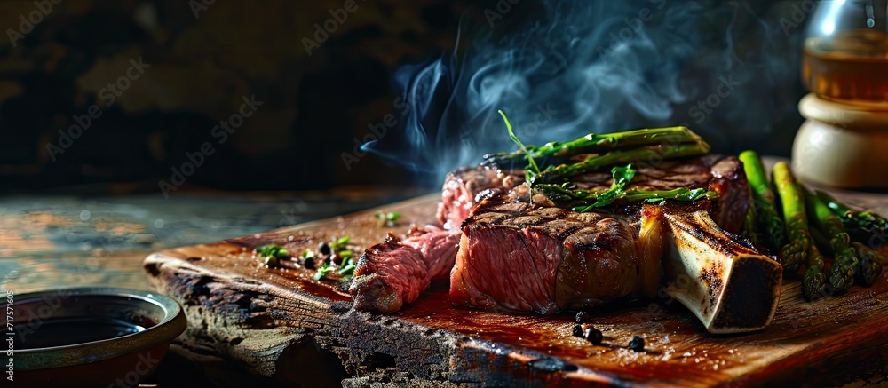 Poster Medium rare grilled Tomahawk beef steak with asparagus and red wine. Copy space image. Place for adding text or design
