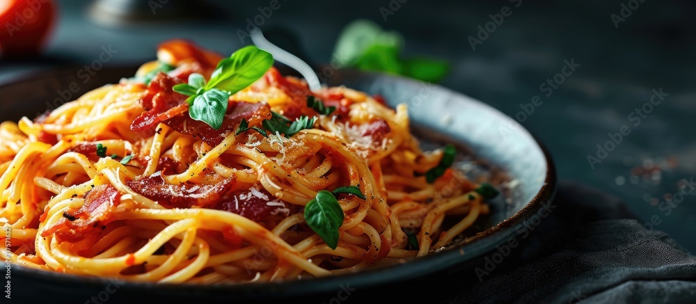 Aufkleber Homemade Stir Fried Spaghetti With Dried Chili And Bacon. Copy space image. Place for adding text or design