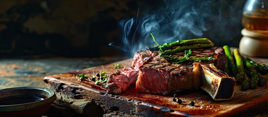 Medium rare grilled Tomahawk beef steak with asparagus and red wine. Copy space image. Place for adding text or design - obrazy, fototapety, plakaty