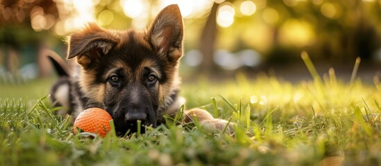 German shepherd puppy in collar playing with small orange ball at green summer park Tired little dog resting on grass Outdoors activity of pets. Copy space image. Place for adding text or design