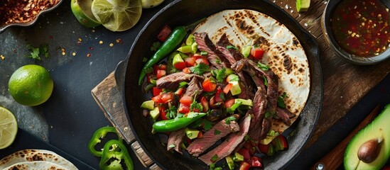 Grilled Skirt Steak Fajitas Recipe Beef steak fajitas tacos hot tortillas with avocado salsa and green peppers. Copy space image. Place for adding text or design - obrazy, fototapety, plakaty