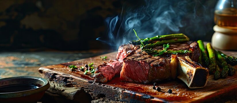 Medium rare grilled Tomahawk beef steak with asparagus and red wine. Copy space image. Place for adding text or design