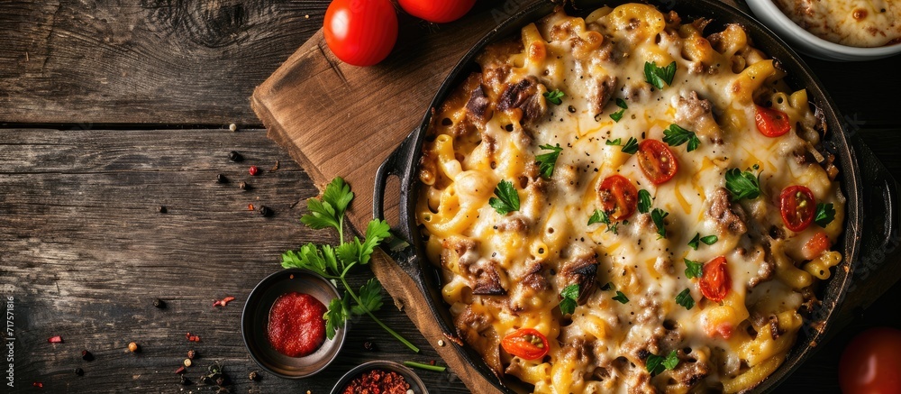 Poster greek pastitsio of macaroni ground lamb grated cheese and tomatoes topped with bechamel sauce and me