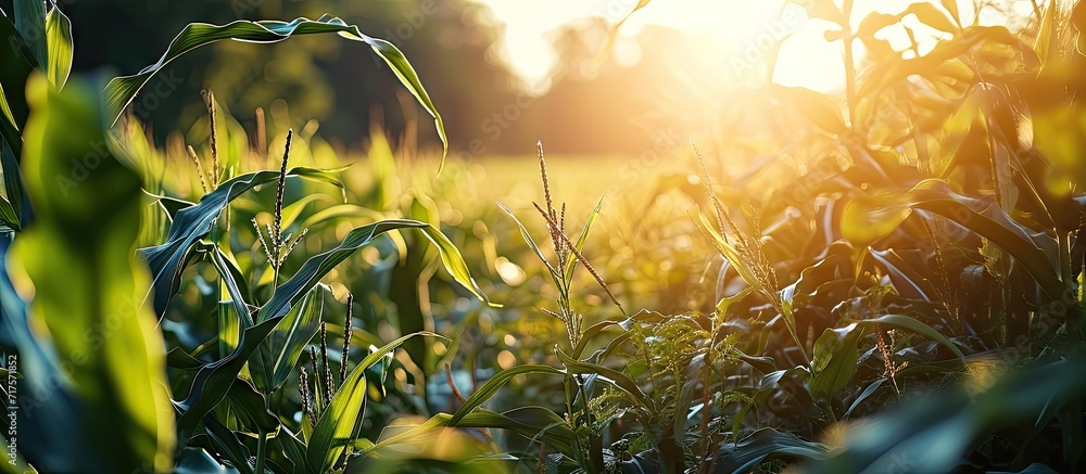 Poster leaves of corn in sun ripening of the corn field green leaves of plants in field. copy space image. 