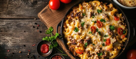 Greek Pastitsio of macaroni ground lamb grated cheese and tomatoes topped with bechamel sauce and melted cheese in baking dish on dark wood table horizontal view from above flat lay free space