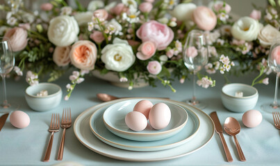 Fototapeta na wymiar Easter table setting with sleek, modern dinnerware and subtle pastel accents.