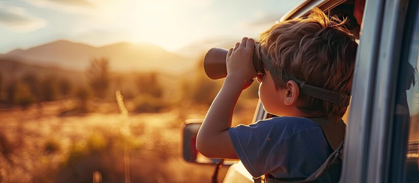 little boy looking through binoculars travel by car kids travel. Copy space image. Place for adding text or design