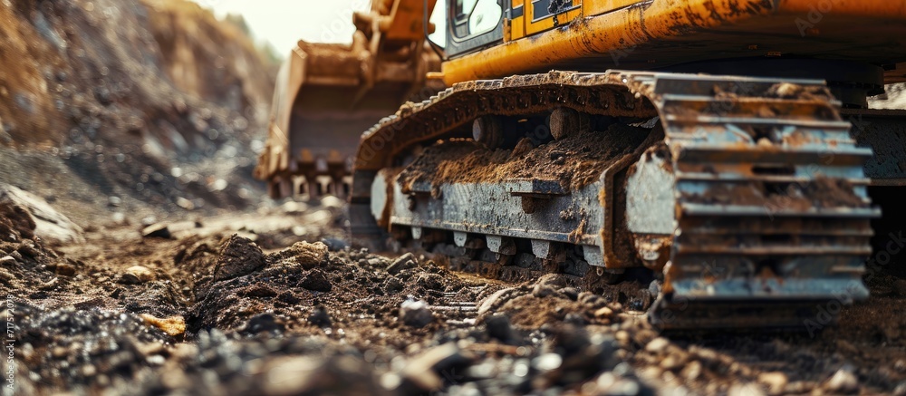 Poster Image of a wheeled excavator on a quarry tip. Copy space image. Place for adding text or design