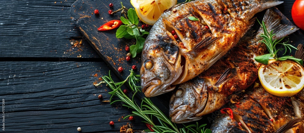 Poster Grilled tilapia fish with a delicious blend of spices delicious to eat alone or with family. Copy space image. Place for adding text or design