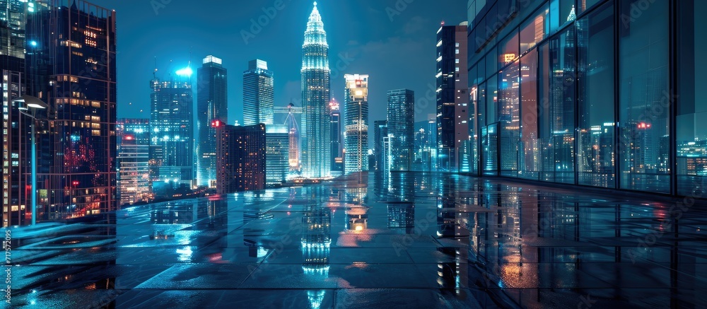 Poster Night view of Kuala Lumpur city with empty floor. Copy space image. Place for adding text or design