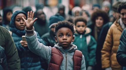 A black child with hands raised with a background of people demonstrating - obrazy, fototapety, plakaty