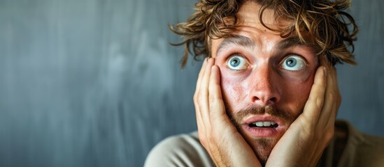 Nervous man is afraid of public speech and sweating. Copy space image. Place for adding text or design