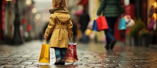 full length of cheerful kid in trench coat and jeans standing near shopping bags with soft toy on grey. Copy space image. Place for adding text or design - obrazy, fototapety, plakaty