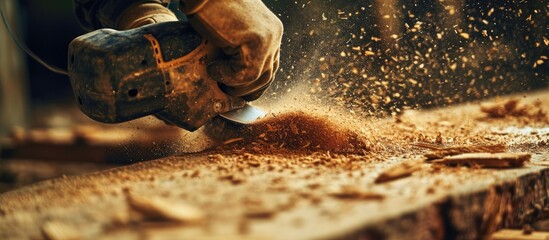 Grinding of an oak board with an angle grinder close up A gloved hand Wooden dust in the air Motion blur. Copy space image. Place for adding text or design
