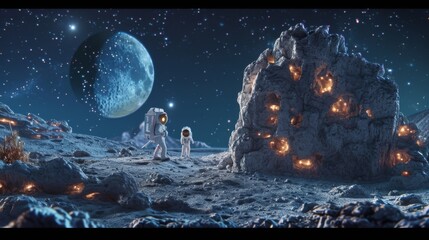 In a hilarious twist the Lilliputian astronauts stumble upon a lunar concert being performed by a colony of singing moon rocks. - obrazy, fototapety, plakaty