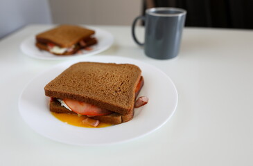 On plate is sandwich dark bread with sausage. Simple breakfast bread with sauce. Gaining new skills in cooking. On table lies whole-grain sandwich, cooked at home. Tasting delicious food