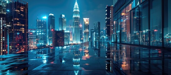 Night view of Kuala Lumpur city with empty floor. Copy space image. Place for adding text or design - obrazy, fototapety, plakaty